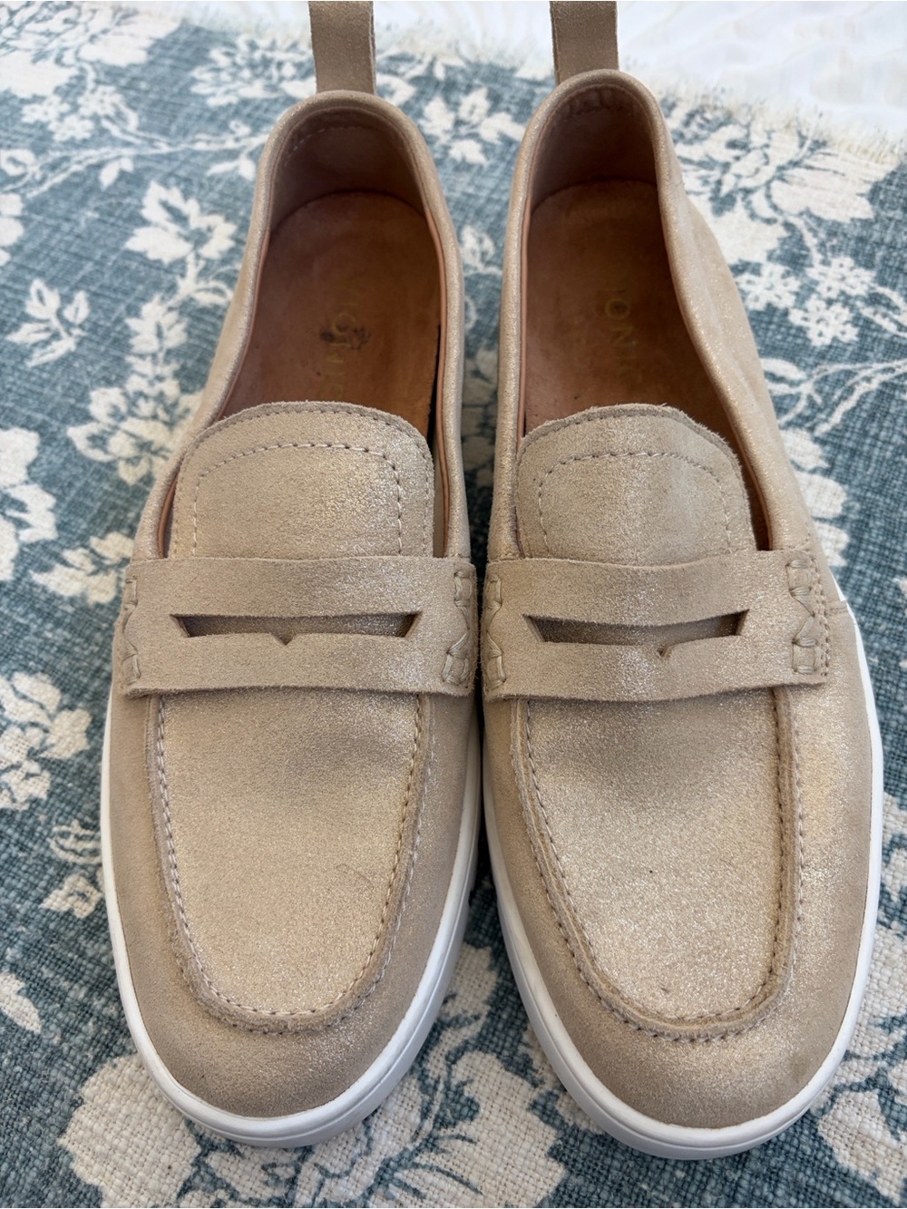Vionic Women’s GoldTone Suede Slip-On Penny Loafers. White Lug Sole. Neutral GUC